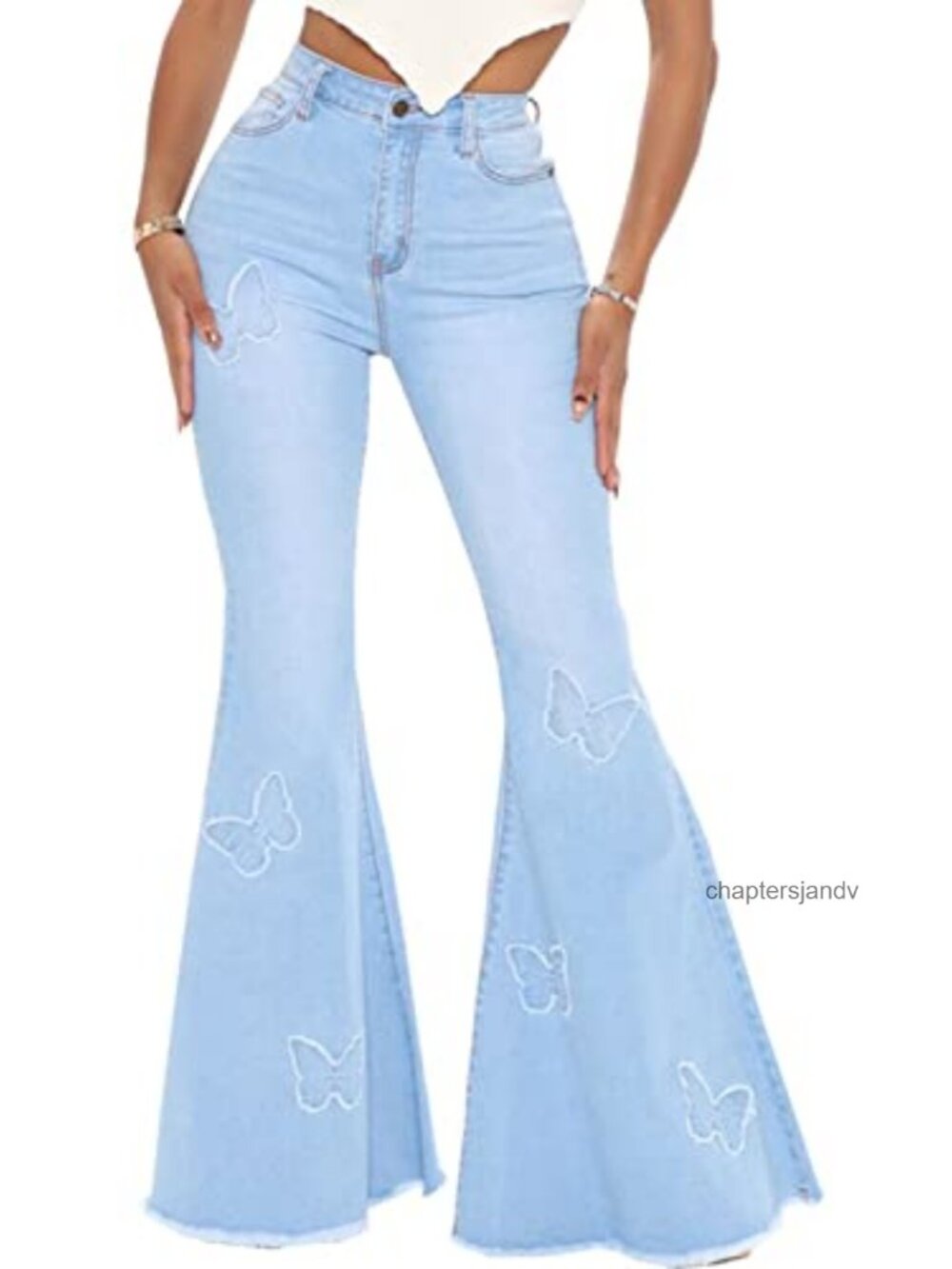 Women's Butterfly Embroidered Flare Jeans High Waisted Bell Bottom Raw Hem